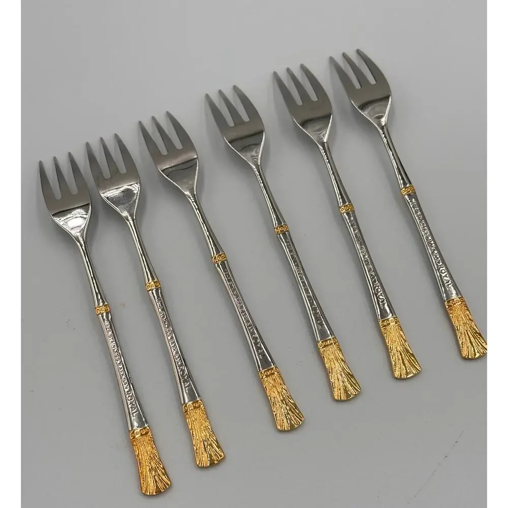 Baek San Royal Seafood Dessert Appetizer Stainless Steel Gold Trim Forks 6pc Set